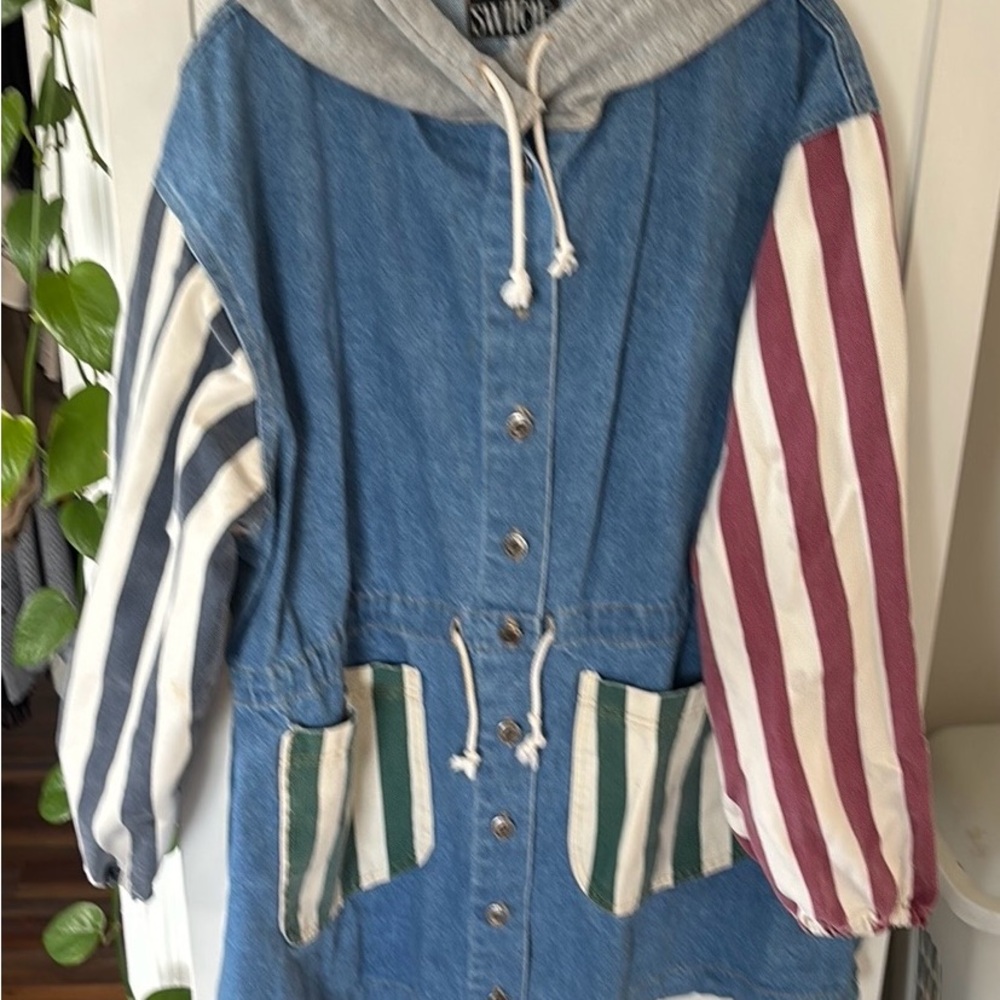 Striped Sleeve Denim Jacket with Hood